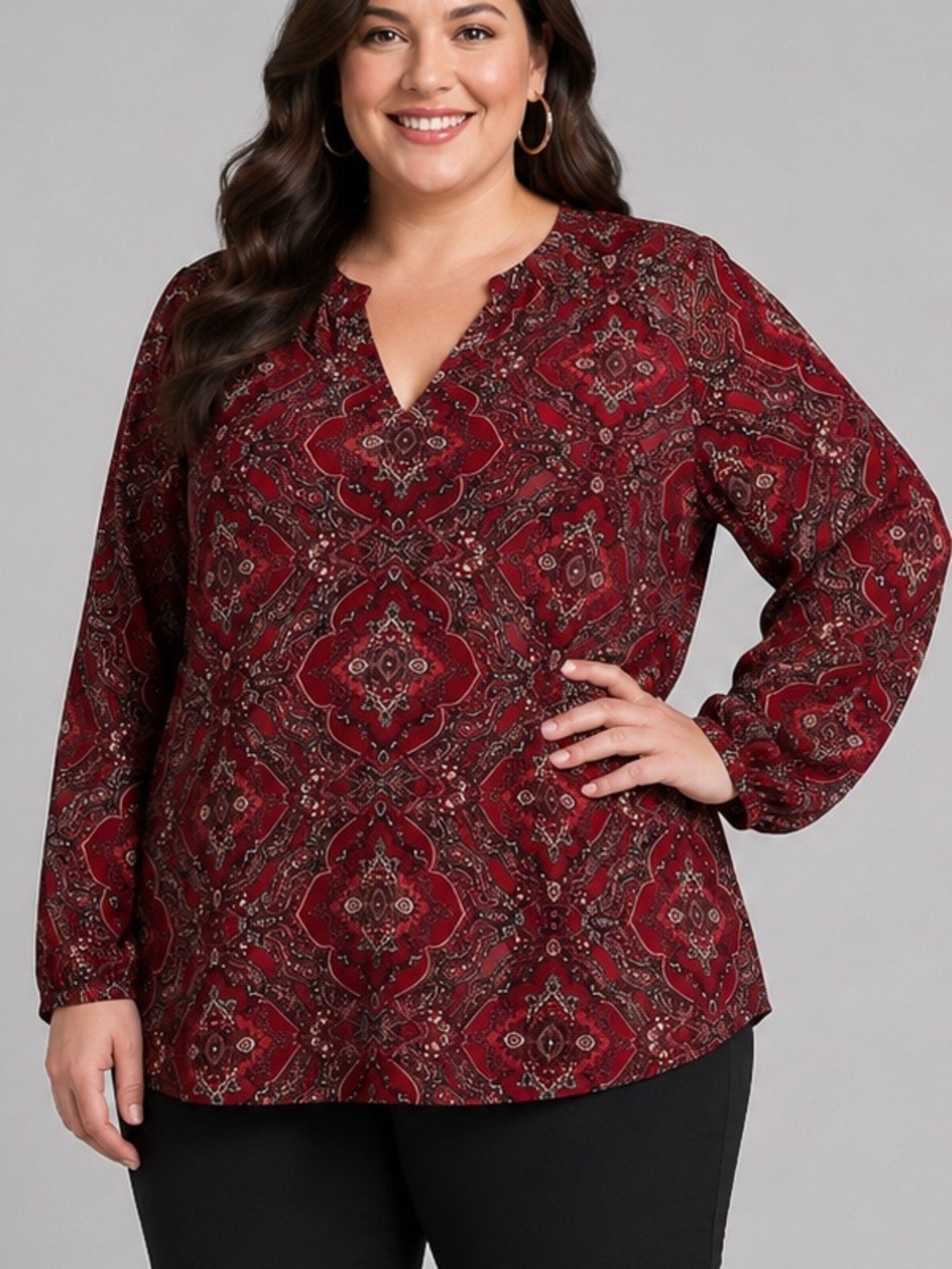 😍 SHOW SPECIAL MAURICES Burgundy Floral Long Sleeve Blouse XL